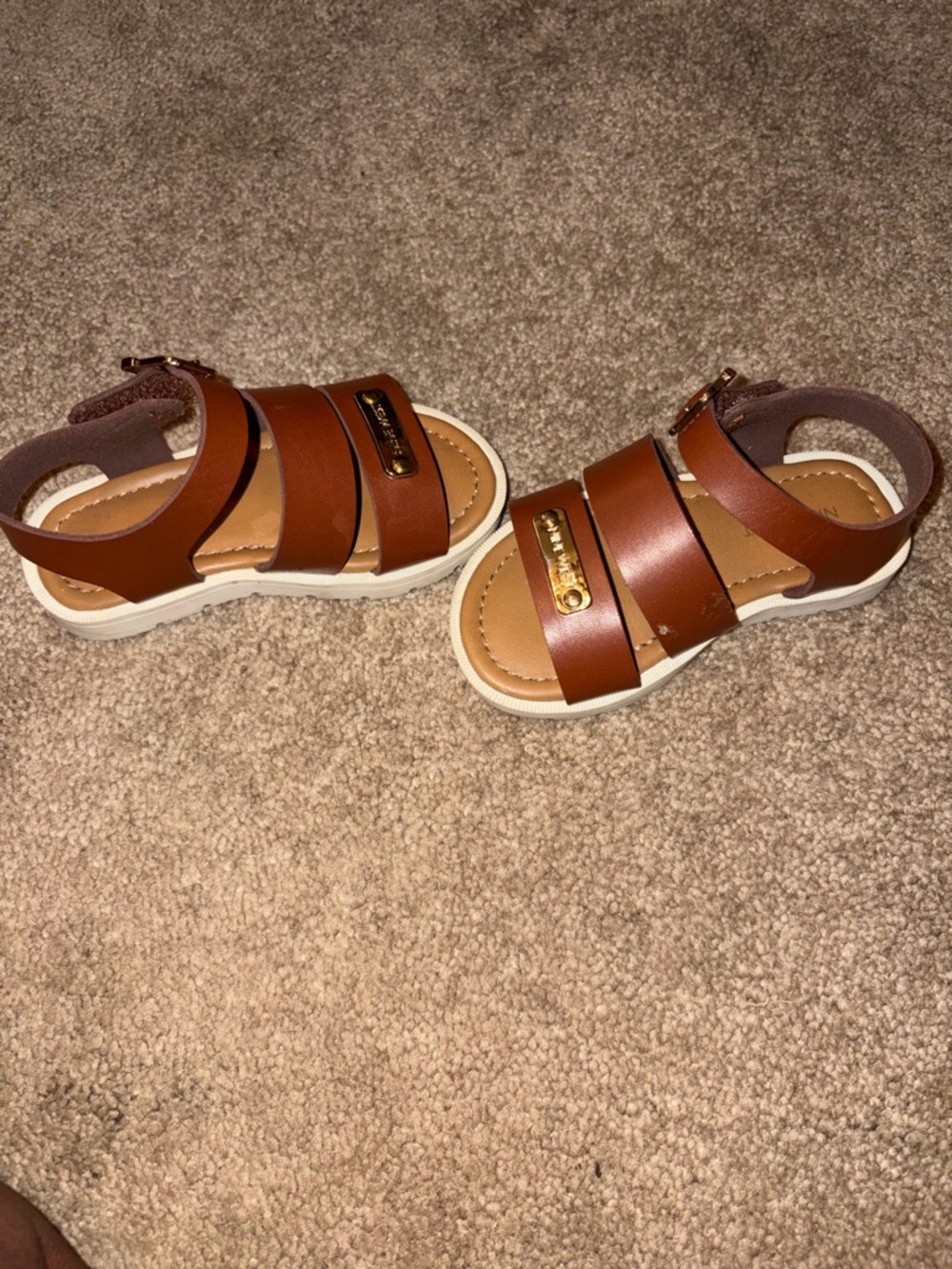 Nine West Kids Tan Brown Triple-Strap Sandals with Gold Accent - Picture 3 of 3